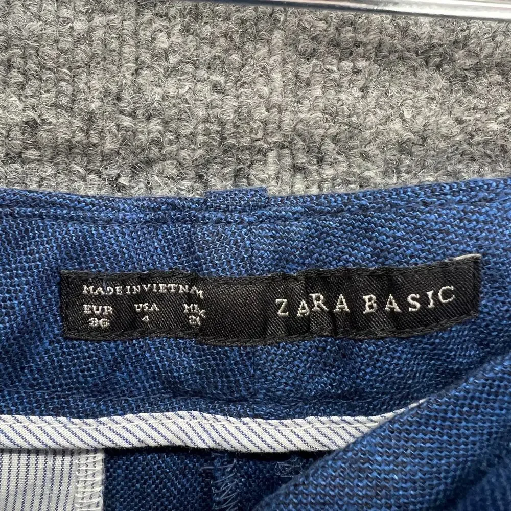 Zara Pants‎ Womens 4 Blue Linen Blend Tapered Cropped Trousers Cuffed Comfort